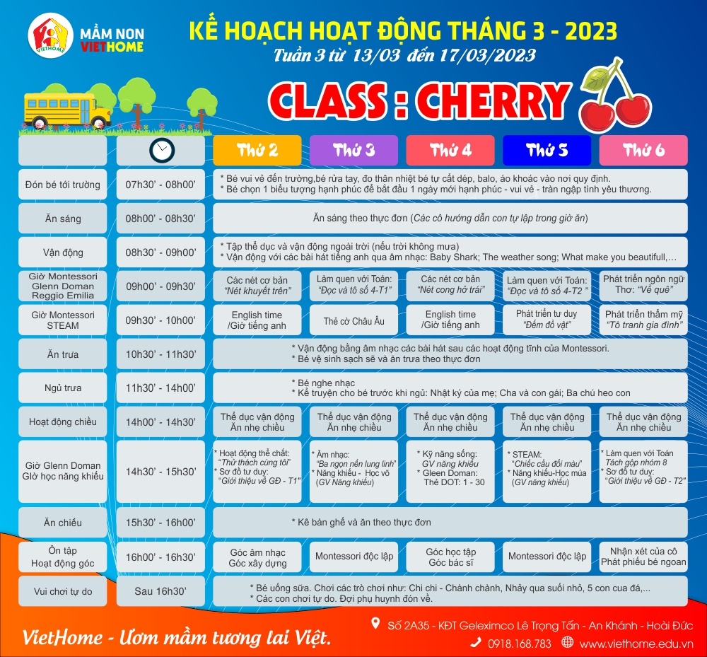 Chương trình học tuần 3 tháng 3 năm 2023 của lớp Cherry