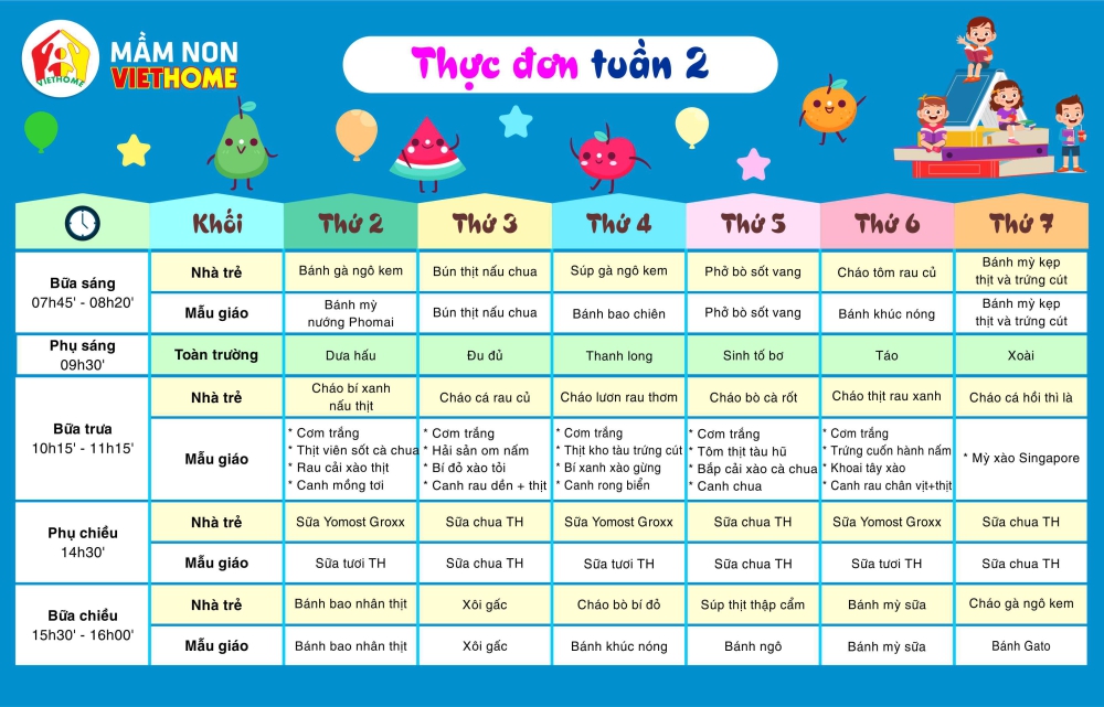 Thực đơn tuần 2 - Mầm non VietHome