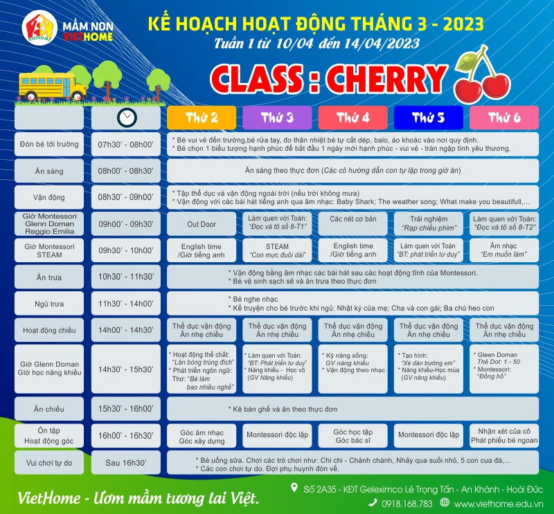 Thời khóa biểu tuần 2 tháng 4 năm lớp Cherry, mầm non VietHome