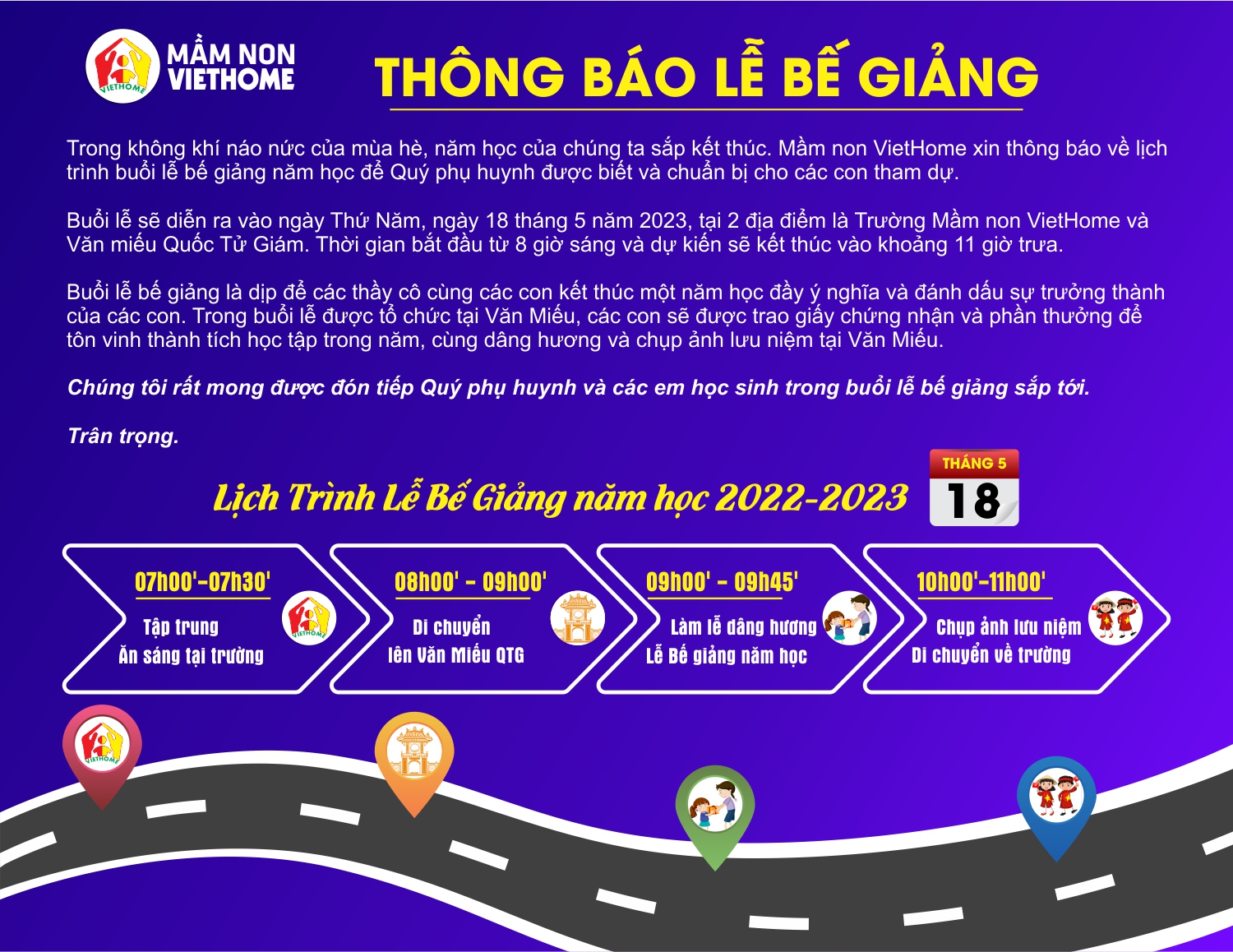 VietHome xin thông báo về lịch trình buổi lễ bế giảng năm học 2022-2023